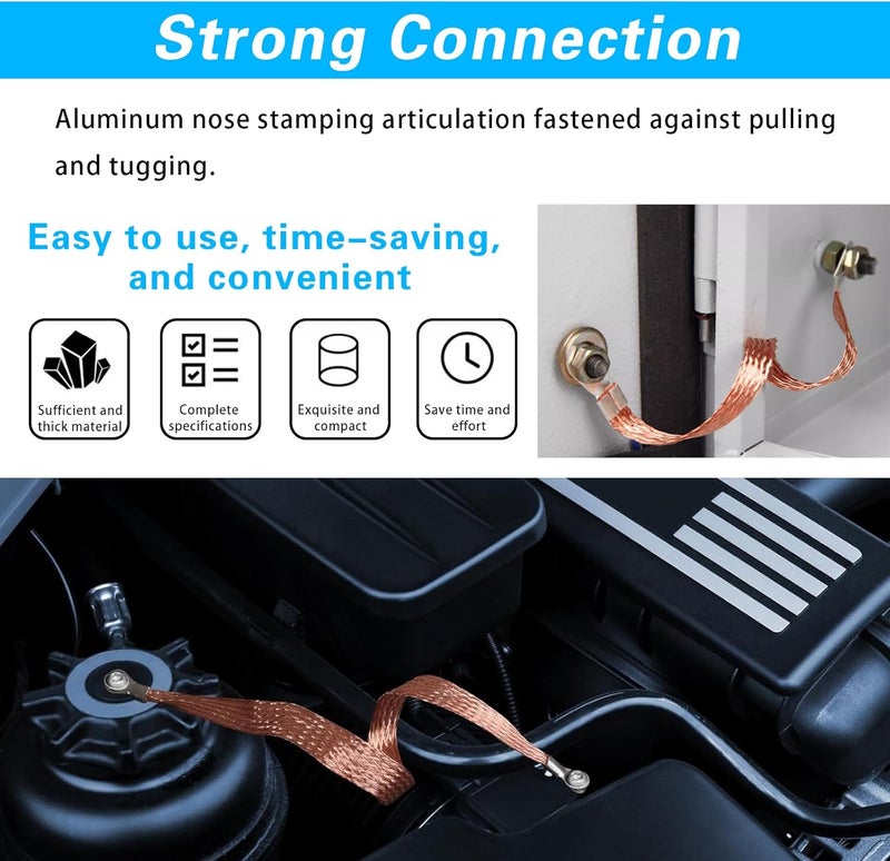 Arwrilt 5 PCS Engine Ground Straps, 10" & 13" Car Engine Ground Strap Kit, Metal Flat Braided Copper Ground Strap, Universal Vehicle Grounding Straps for Most Cars (Gold) - Image 4